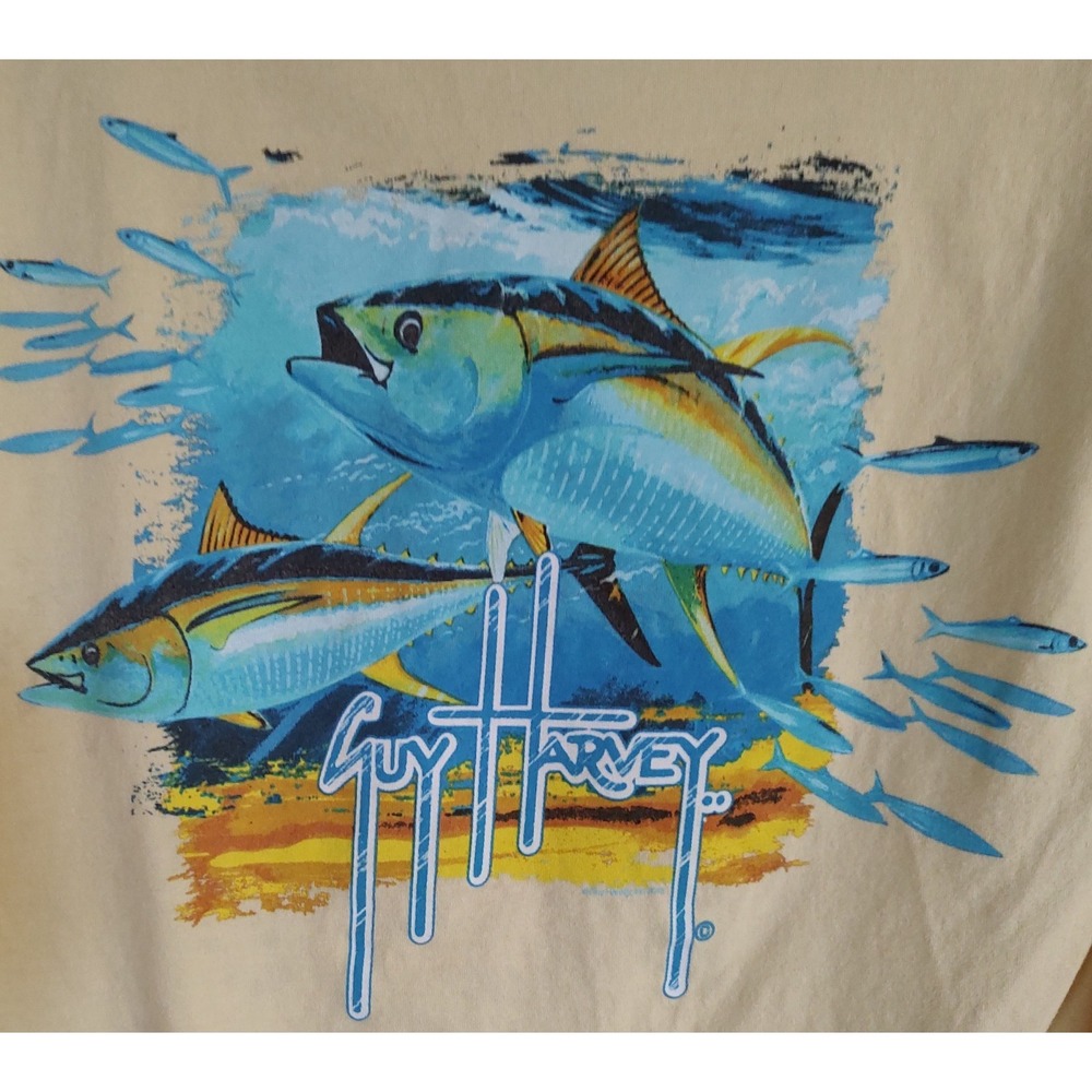 Guy‎ Harvey Tuna Fish Tee Shirt Long Sleeve Pocket Yellow Mens Size Medium SEE